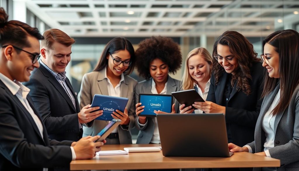 Consultants Umalis collaborant avec l'aide de l'IA de prospection en portage salarial