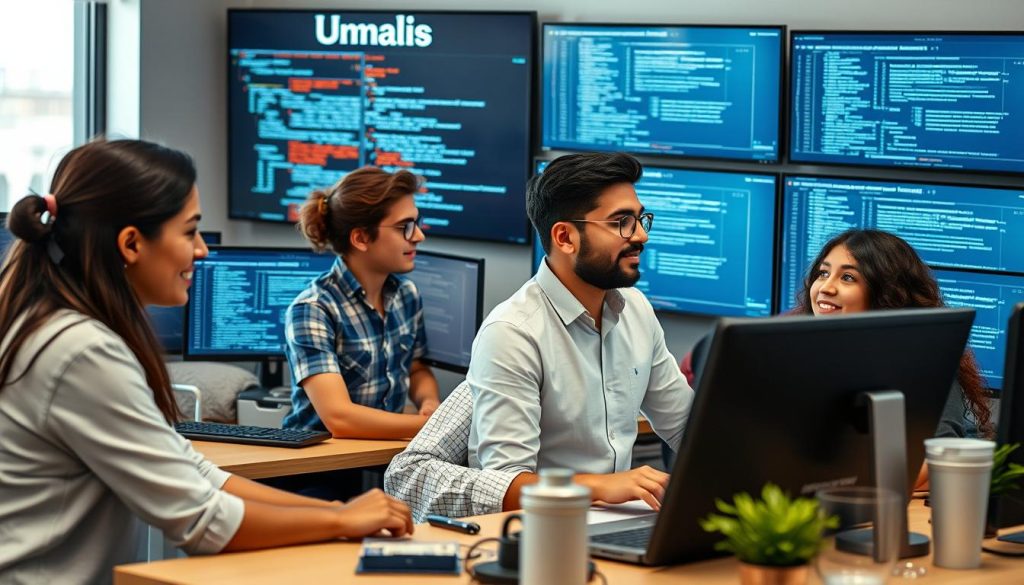 Équipe de développement d'Umalis travaillant sur la plateforme IA de prospection pour le portage salarial