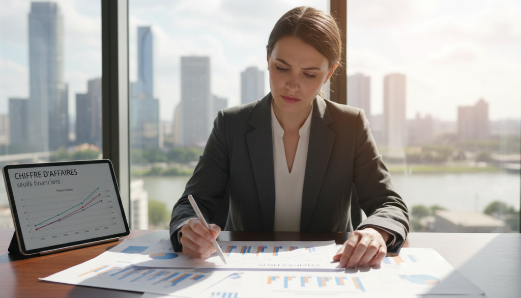 A business setting with a stylish office background, featuring a wooden desk with financial documents and charts meticulously displayed. In the foreground, a professional businesswoman in formal attire is analyzing graphs showing revenue trends and thresholds, with a focused expression. To her side, a digital tablet displays key statistics about "chiffre d'affaires" and financial thresholds. The middle ground showcases a sleek window with a cityscape view, hinting at a bustling urban environment. Soft, natural light filters in, creating a warm and inviting atmosphere. The angle captures the subject from a slight overhead perspective, emphasizing her engagement with the materials while maintaining a sense of professionalism and clarity. A business setting with a stylish office background, featuring a wooden desk with financial documents and charts meticulously displayed. In the foreground, a professional businesswoman in formal attire is analyzing graphs showing revenue trends and thresholds, with a focused expression. To her side, a digital tablet displays key statistics about "chiffre d'affaires" and financial thresholds. The middle ground showcases a sleek window with a cityscape view, hinting at a bustling urban environment. Soft, natural light filters in, creating a warm and inviting atmosphere. The angle captures the subject from a slight overhead perspective, emphasizing her engagement with the materials while maintaining a sense of professionalism and clarity.