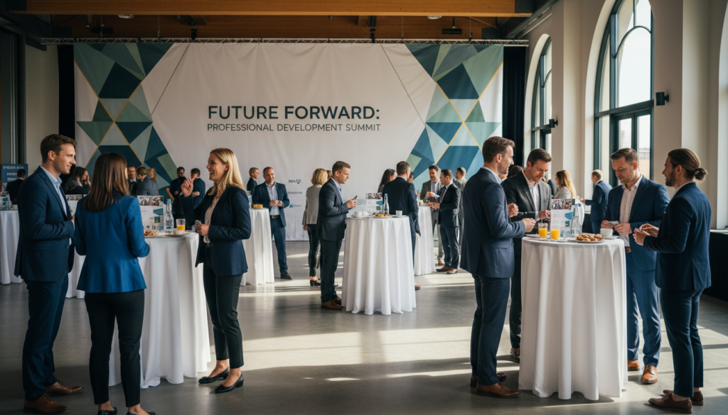 A bustling professional networking event set in a modern, spacious conference hall. In the foreground, a diverse group of individuals in smart business attire engage in animated conversations, exchanging business cards and ideas. The middle ground features elegantly arranged tables with promotional materials and refreshments, while attendees network energetically. The background showcases a large, stylish banner highlighting the theme of professional development, with soft lighting creating a warm yet focused atmosphere. The scene captures the essence of collaboration and personal branding, emphasizing the importance of building professional connections. The composition is shot with a wide-angle lens to encapsulate the dynamic environment and includes natural light filtering through large windows, lending an inviting mood to the image. A bustling professional networking event set in a modern, spacious conference hall. In the foreground, a diverse group of individuals in smart business attire engage in animated conversations, exchanging business cards and ideas. The middle ground features elegantly arranged tables with promotional materials and refreshments, while attendees network energetically. The background showcases a large, stylish banner highlighting the theme of professional development, with soft lighting creating a warm yet focused atmosphere. The scene captures the essence of collaboration and personal branding, emphasizing the importance of building professional connections. The composition is shot with a wide-angle lens to encapsulate the dynamic environment and includes natural light filtering through large windows, lending an inviting mood to the image.