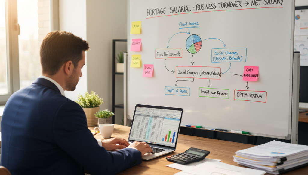 A detailed financial workspace scene illustrating the concept of calculating net salary in the context of "portage salarial." In the foreground, a professional-looking person in business attire is focused on a laptop, displaying spreadsheets filled with numbers and graphs. The middle ground features a whiteboard with colorful charts showing the transition from business turnover to net salary, alongside sticky notes labeled with key terms like "calcul," "charges," and "revenu." In the background, there’s a well-organized desk with financial documents, a calculator, and a cup of coffee, bathed in warm, natural light from a nearby window. The overall mood is one of clarity and professionalism, highlighting the complexity and importance of financial calculations in a consultancy environment. A detailed financial workspace scene illustrating the concept of calculating net salary in the context of "portage salarial." In the foreground, a professional-looking person in business attire is focused on a laptop, displaying spreadsheets filled with numbers and graphs. The middle ground features a whiteboard with colorful charts showing the transition from business turnover to net salary, alongside sticky notes labeled with key terms like "calcul," "charges," and "revenu." In the background, there’s a well-organized desk with financial documents, a calculator, and a cup of coffee, bathed in warm, natural light from a nearby window. The overall mood is one of clarity and professionalism, highlighting the complexity and importance of financial calculations in a consultancy environment.
