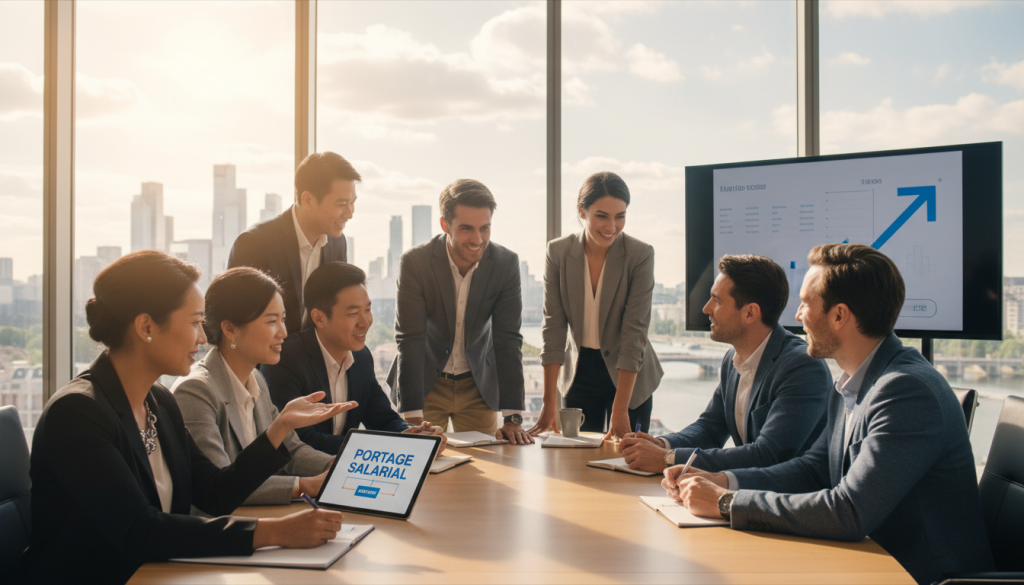 A diverse group of professionals engaged in a dynamic discussion around a conference table, illustrating the concept of "portage salarial." The foreground features a woman in formal business attire animatedly presenting ideas on a digital tablet, while a man in smart casual clothing takes notes. In the middle, a diverse team is gathered, showcasing men and women of various ethnicities collaborating. A sunny office environment with large windows provides natural lighting, enhancing the atmosphere of creativity and collaboration. In the background, a city skyline is visible, symbolizing opportunities. The overall mood is one of empowerment and professional growth, emphasizing freedom and security in work arrangements. A diverse group of professionals engaged in a dynamic discussion around a conference table, illustrating the concept of "portage salarial." The foreground features a woman in formal business attire animatedly presenting ideas on a digital tablet, while a man in smart casual clothing takes notes. In the middle, a diverse team is gathered, showcasing men and women of various ethnicities collaborating. A sunny office environment with large windows provides natural lighting, enhancing the atmosphere of creativity and collaboration. In the background, a city skyline is visible, symbolizing opportunities. The overall mood is one of empowerment and professional growth, emphasizing freedom and security in work arrangements.