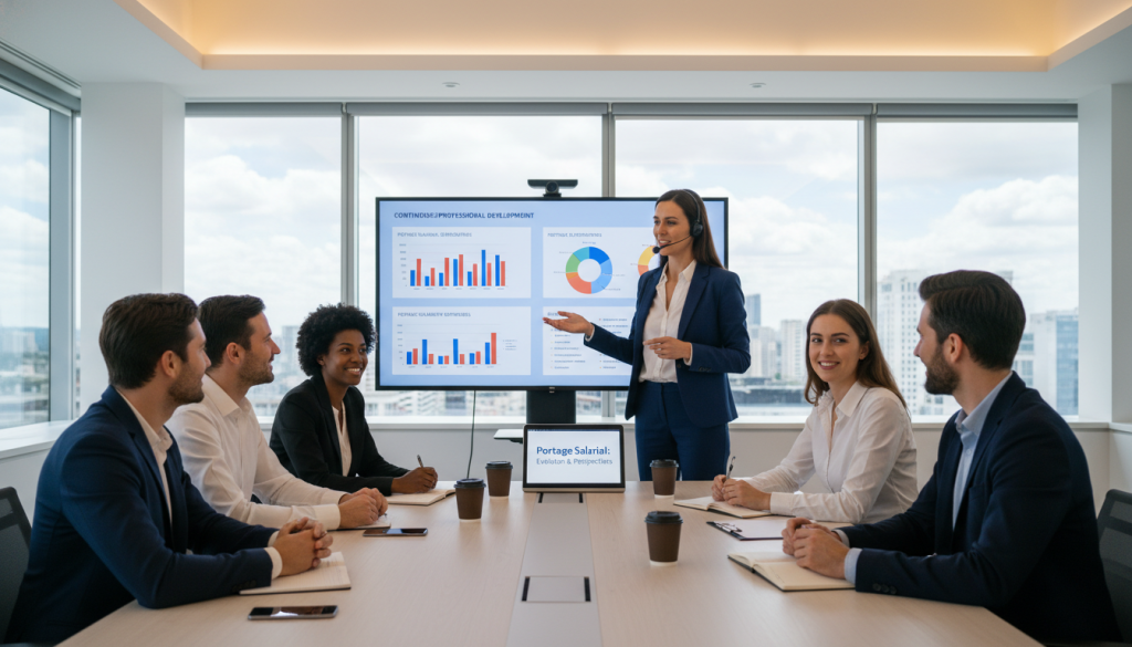 A focused, modern office setting depicting a diverse group of professionals engaged in a collaborative training session. In the foreground, a female trainer, dressed in professional business attire, presents information to a group of attentive colleagues, all wearing smart business attire. The middle ground features a large interactive screen displaying training materials related to continuous professional development in the context of portage salarial, with various charts and diagrams visible. In the background, large windows allow natural light to flood the room, enhancing the atmosphere of productivity and engagement. Soft, ambient lighting complements the scene, creating a warm, inviting mood. The image should capture a sense of teamwork and motivation, emphasizing the importance of continuous learning in a dynamic workspace. A focused, modern office setting depicting a diverse group of professionals engaged in a collaborative training session. In the foreground, a female trainer, dressed in professional business attire, presents information to a group of attentive colleagues, all wearing smart business attire. The middle ground features a large interactive screen displaying training materials related to continuous professional development in the context of portage salarial, with various charts and diagrams visible. In the background, large windows allow natural light to flood the room, enhancing the atmosphere of productivity and engagement. Soft, ambient lighting complements the scene, creating a warm, inviting mood. The image should capture a sense of teamwork and motivation, emphasizing the importance of continuous learning in a dynamic workspace.