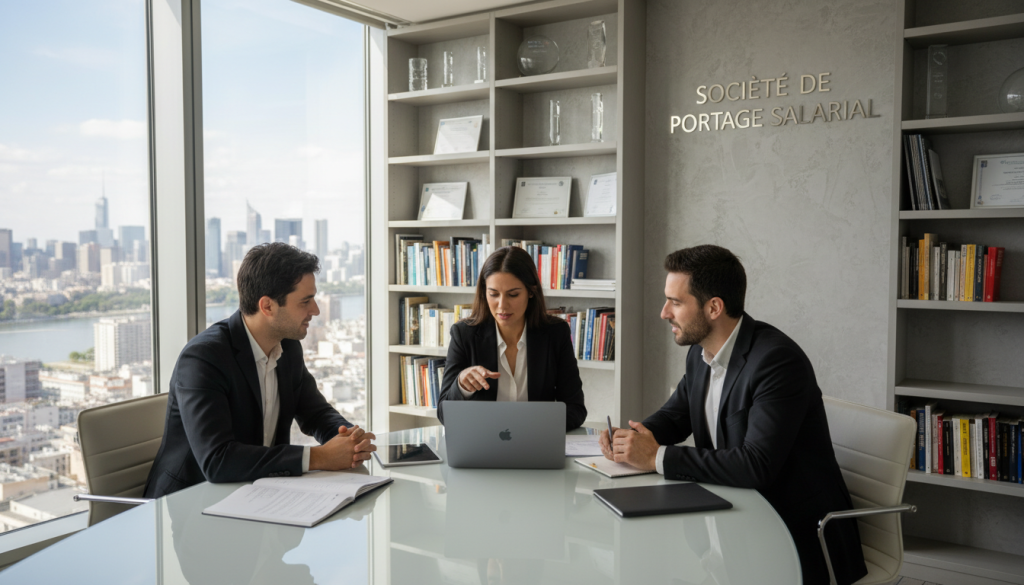 A modern office environment depicting a professional meeting. In the foreground, a diverse group of three professionals in business attire are engaged in discussion around a conference table, with documents and a laptop open in front of them. The middle layer shows a large window letting in natural light, showcasing a city skyline, suggesting progress and opportunity. In the background, shelves filled with books and awards symbolize knowledge and credibility of a "société de portage salarial." The lighting is bright and welcoming, creating a mood of collaboration and professionalism. The angle is slightly above eye-level, providing a comprehensive view of the interaction while maintaining focus on the participants, emphasizing their engaged expressions and body language. A modern office environment depicting a professional meeting. In the foreground, a diverse group of three professionals in business attire are engaged in discussion around a conference table, with documents and a laptop open in front of them. The middle layer shows a large window letting in natural light, showcasing a city skyline, suggesting progress and opportunity. In the background, shelves filled with books and awards symbolize knowledge and credibility of a "société de portage salarial." The lighting is bright and welcoming, creating a mood of collaboration and professionalism. The angle is slightly above eye-level, providing a comprehensive view of the interaction while maintaining focus on the participants, emphasizing their engaged expressions and body language.