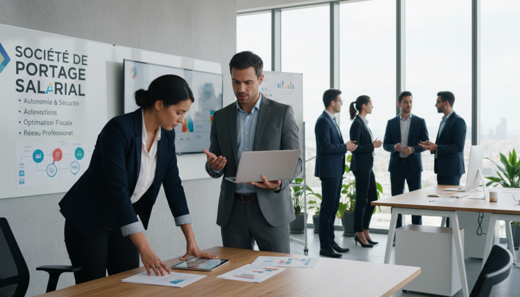 A modern office environment showcasing a diverse group of professional individuals engaged in discussions about business solutions. In the foreground, a confident businesswoman in smart business attire is analyzing documents on a sleek table, while a thoughtful businessman, also in business attire, communicates ideas with an open laptop beside him. In the middle ground, various charts and infographics about ‘société de portage salarial’ adorn the walls, emphasizing key concepts. The background features a bright, well-lit office space with large windows allowing natural light to fill the room, creating a productive atmosphere. The scenes convey collaboration, professionalism, and innovative thinking, with soft-focus lighting accentuating the clarity of the subjects and their engagement. The overall mood is focused and dynamic, reflective of a modern business setting. A modern office environment showcasing a diverse group of professional individuals engaged in discussions about business solutions. In the foreground, a confident businesswoman in smart business attire is analyzing documents on a sleek table, while a thoughtful businessman, also in business attire, communicates ideas with an open laptop beside him. In the middle ground, various charts and infographics about ‘société de portage salarial’ adorn the walls, emphasizing key concepts. The background features a bright, well-lit office space with large windows allowing natural light to fill the room, creating a productive atmosphere. The scenes convey collaboration, professionalism, and innovative thinking, with soft-focus lighting accentuating the clarity of the subjects and their engagement. The overall mood is focused and dynamic, reflective of a modern business setting.