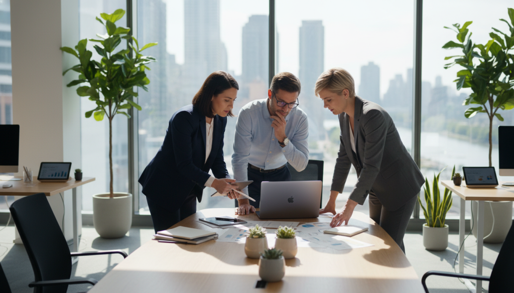 A modern office environment showcasing a group of diverse professionals engaging in strategic collaboration. In the foreground, three individuals in professional business attire – a woman with shoulder-length dark hair, a man with glasses and a thoughtful expression, and another woman with short blonde hair – are gathered around a sleek conference table, examining documents and a digital tablet. The middle layer features a large window with natural sunlight streaming in, illuminating a city skyline in the background. There are potted plants and modern tech gadgets scattered throughout the space, creating a vibrant and productive atmosphere. The mood is focused and energetic, suggesting innovation and teamwork, captured with a soft depth of field to emphasize the subjects. A modern office environment showcasing a group of diverse professionals engaging in strategic collaboration. In the foreground, three individuals in professional business attire – a woman with shoulder-length dark hair, a man with glasses and a thoughtful expression, and another woman with short blonde hair – are gathered around a sleek conference table, examining documents and a digital tablet. The middle layer features a large window with natural sunlight streaming in, illuminating a city skyline in the background. There are potted plants and modern tech gadgets scattered throughout the space, creating a vibrant and productive atmosphere. The mood is focused and energetic, suggesting innovation and teamwork, captured with a soft depth of field to emphasize the subjects.