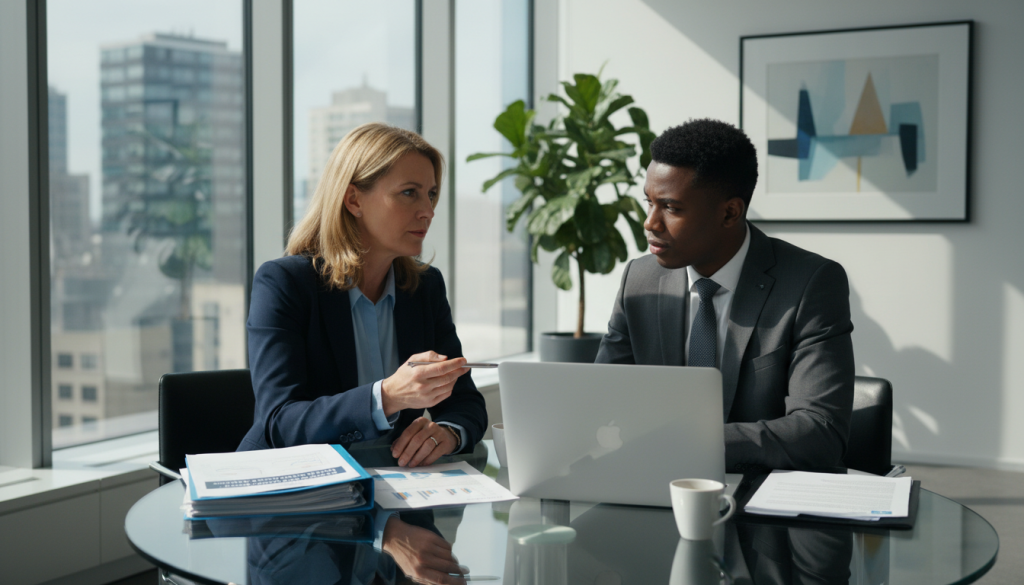 A modern office environment showcasing a professional consultation between two diverse business people, one a middle-aged Caucasian woman and the other a young Black man, both dressed in smart business attire. They are seated at a sleek glass table stacked with documents and a laptop, discussing "société de portage salarial". In the background, a large window provides natural light, casting soft shadows across the room. Around them, minimalist decor with potted plants and abstract artwork adds to the professional atmosphere. The mood is focused and collaborative, with bright lighting creating an inviting yet serious tone, emphasizing the importance of choosing the right portage salarial company. The angle captures both individuals engaging in conversation, highlighting teamwork and professionalism. A modern office environment showcasing a professional consultation between two diverse business people, one a middle-aged Caucasian woman and the other a young Black man, both dressed in smart business attire. They are seated at a sleek glass table stacked with documents and a laptop, discussing "société de portage salarial". In the background, a large window provides natural light, casting soft shadows across the room. Around them, minimalist decor with potted plants and abstract artwork adds to the professional atmosphere. The mood is focused and collaborative, with bright lighting creating an inviting yet serious tone, emphasizing the importance of choosing the right portage salarial company. The angle captures both individuals engaging in conversation, highlighting teamwork and professionalism.