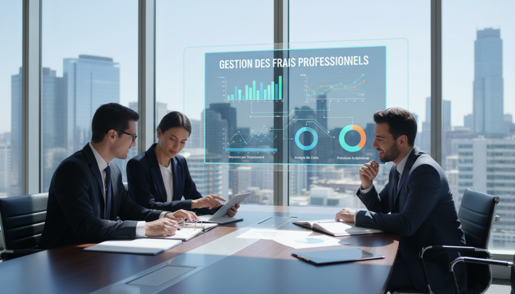 A modern office environment showcasing the concept of "gestion des frais professionnels." In the foreground, a diverse group of three professionals, two men and one woman, review documents at a sleek conference table. They are dressed in professional business attire, exuding focus and collaboration. In the middle, a digital screen displays graphs and charts related to financial management and expenses, with soft ambient lighting that enhances a productive atmosphere. The background features large windows with a city skyline, letting in natural light that creates a bright and optimistic mood. Angle the shot to provide a balanced view, emphasizing teamwork and the importance of financial oversight in consultancy. A modern office environment showcasing the concept of "gestion des frais professionnels." In the foreground, a diverse group of three professionals, two men and one woman, review documents at a sleek conference table. They are dressed in professional business attire, exuding focus and collaboration. In the middle, a digital screen displays graphs and charts related to financial management and expenses, with soft ambient lighting that enhances a productive atmosphere. The background features large windows with a city skyline, letting in natural light that creates a bright and optimistic mood. Angle the shot to provide a balanced view, emphasizing teamwork and the importance of financial oversight in consultancy.