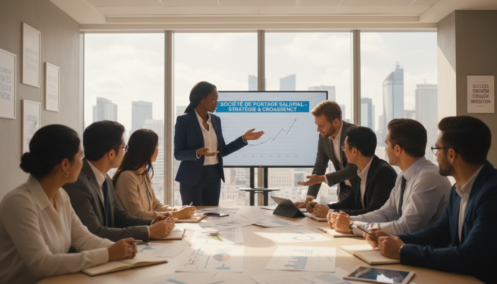 A modern office environment with a diverse group of professionals engaged in discussion about "société de portage salarial". In the foreground, a Black woman in professional attire is presenting to a diverse group seated around a conference table, with charts and documents spread out. In the middle, two men, one of Asian descent and one Caucasian, are reviewing documents and sharing ideas, showcasing collaboration. The background features large windows that allow natural light to fill the space, casting a warm glow over the scene. Soft focus on motivational posters about teamwork and success on the walls adds to the atmosphere of productivity and professionalism. The overall mood is dynamic and inspiring, highlighting the importance of strategic decision-making in choosing a portage salarial company. A modern office environment with a diverse group of professionals engaged in discussion about "société de portage salarial". In the foreground, a Black woman in professional attire is presenting to a diverse group seated around a conference table, with charts and documents spread out. In the middle, two men, one of Asian descent and one Caucasian, are reviewing documents and sharing ideas, showcasing collaboration. The background features large windows that allow natural light to fill the space, casting a warm glow over the scene. Soft focus on motivational posters about teamwork and success on the walls adds to the atmosphere of productivity and professionalism. The overall mood is dynamic and inspiring, highlighting the importance of strategic decision-making in choosing a portage salarial company.