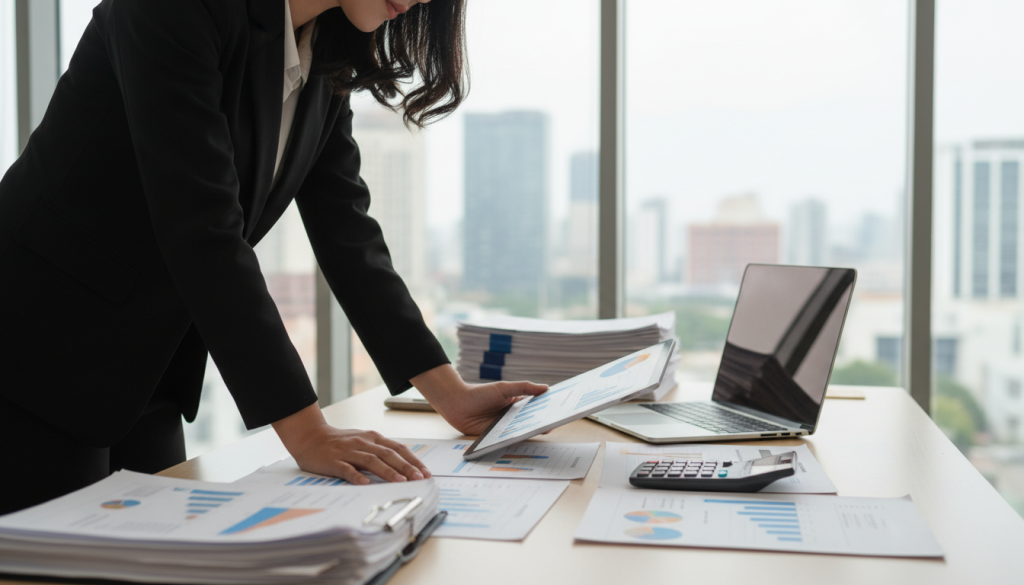 A modern office setting showcasing a well-organized workspace focused on financial management. In the foreground, a professional woman in business attire analyzes an array of colorful graphs and charts on a digital tablet, showcasing various management fees. The middle ground features an elegant desk with a laptop, documents neatly arranged, and a calculator, illuminating the theme of cost analysis. Soft natural light filters through a large window in the background, highlighting a city skyline, symbolizing the economic landscape. The atmosphere is one of concentration and professionalism, capturing the essence of financial assessment in a clear and engaging manner. The lens perspective should be slightly tilted to emphasize the dynamic and analytical nature of the subject. A modern office setting showcasing a well-organized workspace focused on financial management. In the foreground, a professional woman in business attire analyzes an array of colorful graphs and charts on a digital tablet, showcasing various management fees. The middle ground features an elegant desk with a laptop, documents neatly arranged, and a calculator, illuminating the theme of cost analysis. Soft natural light filters through a large window in the background, highlighting a city skyline, symbolizing the economic landscape. The atmosphere is one of concentration and professionalism, capturing the essence of financial assessment in a clear and engaging manner. The lens perspective should be slightly tilted to emphasize the dynamic and analytical nature of the subject.