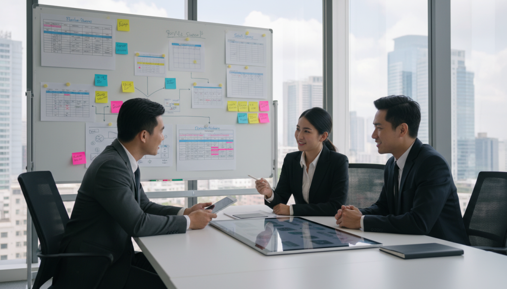 A modern office setting showcasing effective project management. In the foreground, a diverse group of three business professionals—two men and one woman—are engaged in a collaborative discussion around a large table, all dressed in smart business attire. The middle ground features a whiteboard filled with colorful project timelines and sticky notes, symbolizing organized planning and teamwork. In the background, large windows let in natural light, revealing a cityscape, which adds to the atmosphere of a productive work environment. Soft shadows accentuate the scene, creating a motivational and dynamic mood. The camera angle focuses on the group from a slightly elevated perspective, emphasizing their engagement and interaction. The overall image conveys professionalism and teamwork in project management. A modern office setting showcasing effective project management. In the foreground, a diverse group of three business professionals—two men and one woman—are engaged in a collaborative discussion around a large table, all dressed in smart business attire. The middle ground features a whiteboard filled with colorful project timelines and sticky notes, symbolizing organized planning and teamwork. In the background, large windows let in natural light, revealing a cityscape, which adds to the atmosphere of a productive work environment. Soft shadows accentuate the scene, creating a motivational and dynamic mood. The camera angle focuses on the group from a slightly elevated perspective, emphasizing their engagement and interaction. The overall image conveys professionalism and teamwork in project management.