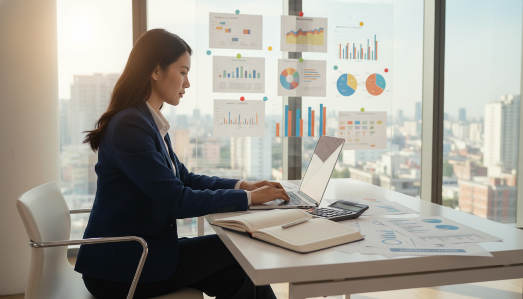 A modern office workspace featuring a professional-looking individual working diligently on a laptop at a sleek desk. In the foreground, there's an open notebook with neatly organized financial documents and a calculator, symbolizing expense management. The middle ground includes a wall-mounted whiteboard filled with charts and graphs representing financial optimization strategies. In the background, large windows showcase a bright city skyline, flooding the room with natural light. The atmosphere is focused and productive, evoking a sense of ambition and clarity. The person is dressed in smart business attire, exuding professionalism. Use soft, diffused lighting to create a warm and inviting environment, focusing on a slightly elevated angle for a comprehensive view of the workspace. A modern office workspace featuring a professional-looking individual working diligently on a laptop at a sleek desk. In the foreground, there's an open notebook with neatly organized financial documents and a calculator, symbolizing expense management. The middle ground includes a wall-mounted whiteboard filled with charts and graphs representing financial optimization strategies. In the background, large windows showcase a bright city skyline, flooding the room with natural light. The atmosphere is focused and productive, evoking a sense of ambition and clarity. The person is dressed in smart business attire, exuding professionalism. Use soft, diffused lighting to create a warm and inviting environment, focusing on a slightly elevated angle for a comprehensive view of the workspace.