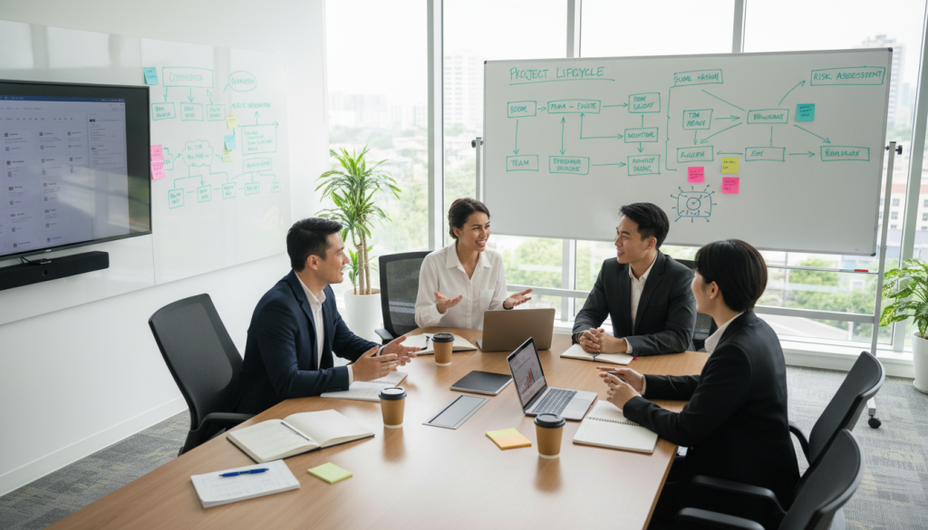 A modern, well-equipped training room designed for project management training. In the foreground, a diverse group of four professionals, wearing smart business attire, are engaged in a lively discussion around a large conference table, with laptops and notes scattered about. The middle ground includes a whiteboard filled with diagrams and flowcharts related to project management methodologies, emphasizing collaboration and learning. In the background, large windows allow natural light to flood the space, creating an inviting atmosphere. The mood is focused yet motivational, reflecting an environment of growth and professional development. The composition should be slightly angled from above, showcasing the interaction among participants and the training materials, conveying a sense of proactive learning. A modern, well-equipped training room designed for project management training. In the foreground, a diverse group of four professionals, wearing smart business attire, are engaged in a lively discussion around a large conference table, with laptops and notes scattered about. The middle ground includes a whiteboard filled with diagrams and flowcharts related to project management methodologies, emphasizing collaboration and learning. In the background, large windows allow natural light to flood the space, creating an inviting atmosphere. The mood is focused yet motivational, reflecting an environment of growth and professional development. The composition should be slightly angled from above, showcasing the interaction among participants and the training materials, conveying a sense of proactive learning.
