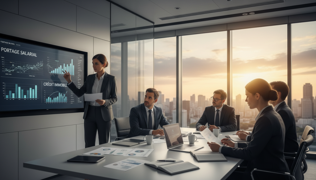 A professional and modern office scene, featuring a diverse group of individuals in business attire discussing financial aspects of "portage salarial" and real estate credit. In the foreground, a confident woman, reviewing documents, symbolizes clarity and understanding, while a man beside her points towards a digital screen displaying graphs and financial data. In the middle ground, a stylish office desk is cluttered with paperwork and a laptop, indicating active engagement. The background showcases a large window revealing a city skyline, bathed in warm, natural light to create an inviting atmosphere. The mood is dynamic and optimistic, reflecting opportunities and security in the financial landscape. A professional and modern office scene, featuring a diverse group of individuals in business attire discussing financial aspects of "portage salarial" and real estate credit. In the foreground, a confident woman, reviewing documents, symbolizes clarity and understanding, while a man beside her points towards a digital screen displaying graphs and financial data. In the middle ground, a stylish office desk is cluttered with paperwork and a laptop, indicating active engagement. The background showcases a large window revealing a city skyline, bathed in warm, natural light to create an inviting atmosphere. The mood is dynamic and optimistic, reflecting opportunities and security in the financial landscape.