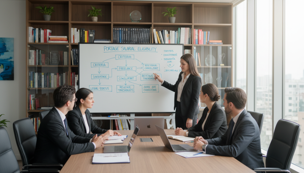 A professional and welcoming office environment depicting a diverse group of individuals engaged in a discussion about eligibility for portage salarial. In the foreground, two business professionals, a man and a woman, are sitting at a modern conference table with laptops and documents, dressed in smart business attire. The middle ground features a large whiteboard with flowcharts and eligibility criteria, illuminated by bright, natural light pouring in from large windows. In the background, shelves filled with books and awards reflect a successful consulting atmosphere. The scene conveys a sense of collaboration and professionalism, with a warm and inviting atmosphere. Use soft lighting to enhance the focus on the discussion while creating a polished, corporate feel. A professional and welcoming office environment depicting a diverse group of individuals engaged in a discussion about eligibility for portage salarial. In the foreground, two business professionals, a man and a woman, are sitting at a modern conference table with laptops and documents, dressed in smart business attire. The middle ground features a large whiteboard with flowcharts and eligibility criteria, illuminated by bright, natural light pouring in from large windows. In the background, shelves filled with books and awards reflect a successful consulting atmosphere. The scene conveys a sense of collaboration and professionalism, with a warm and inviting atmosphere. Use soft lighting to enhance the focus on the discussion while creating a polished, corporate feel.