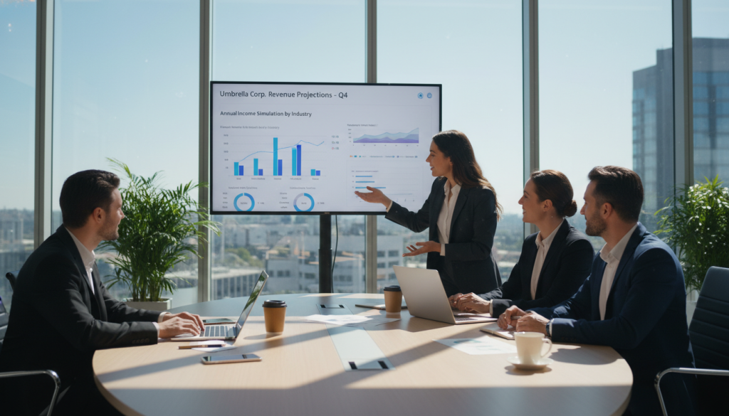 A professional business meeting scene focused on revenue simulation in the context of umbrella companies. In the foreground, a diverse group of four people, dressed in smart business attire, are gathered around a modern conference table with laptops and financial reports. The middle ground features a large digital display screen showcasing colorful charts and graphs illustrating projected income and revenue simulations by industry sector, such as technology, healthcare, and education. The background includes a bright, airy office space with large windows allowing natural light to flood in, creating an optimistic atmosphere. The overall mood is collaborative and informative, capturing a sense of engagement and professional insight into financial planning. A professional business meeting scene focused on revenue simulation in the context of umbrella companies. In the foreground, a diverse group of four people, dressed in smart business attire, are gathered around a modern conference table with laptops and financial reports. The middle ground features a large digital display screen showcasing colorful charts and graphs illustrating projected income and revenue simulations by industry sector, such as technology, healthcare, and education. The background includes a bright, airy office space with large windows allowing natural light to flood in, creating an optimistic atmosphere. The overall mood is collaborative and informative, capturing a sense of engagement and professional insight into financial planning.