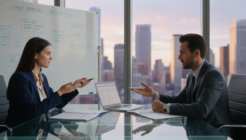 A professional business meeting scene set in a modern office, showcasing two business people engaged in a negotiation. In the foreground, a woman in a smart blazer and a man in a tailored suit sit at a sleek glass table, actively discussing, with folders and a laptop open in front of them. The middle ground features a whiteboard with charts and notes related to client proposals. The background shows large windows with a view of a city skyline, allowing natural light to flood the room, creating a bright and inviting atmosphere. The overall mood is focused and collaborative, emphasizing professionalism and strategic planning, captured with a shallow depth of field to highlight the subjects. A professional business meeting scene set in a modern office, showcasing two business people engaged in a negotiation. In the foreground, a woman in a smart blazer and a man in a tailored suit sit at a sleek glass table, actively discussing, with folders and a laptop open in front of them. The middle ground features a whiteboard with charts and notes related to client proposals. The background shows large windows with a view of a city skyline, allowing natural light to flood the room, creating a bright and inviting atmosphere. The overall mood is focused and collaborative, emphasizing professionalism and strategic planning, captured with a shallow depth of field to highlight the subjects.