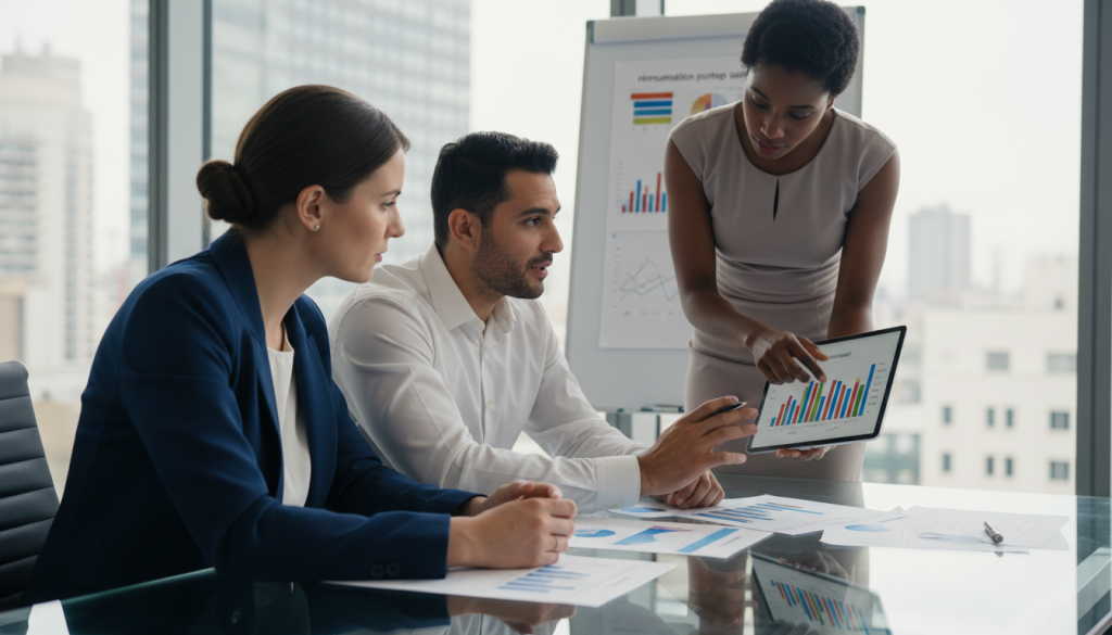 A professional business setting featuring a diverse group of three individuals engaged in a discussion about "rémunération portage salarial". In the foreground, a Caucasian woman in a tailored navy blazer and a Hispanic man in a crisp white shirt are attentively reviewing financial documents on a modern glass table. A Black woman, wearing a smart business dress, gestures towards a digital tablet displaying charts and figures. The background shows a stylish office with large windows overlooking a cityscape, allowing natural light to illuminate the scene. Soft shadows create a warm, focused atmosphere, conveying professionalism and collaboration. Shot from a slight angle to capture the expressions and the dynamic interaction among the individuals. A professional business setting featuring a diverse group of three individuals engaged in a discussion about "rémunération portage salarial". In the foreground, a Caucasian woman in a tailored navy blazer and a Hispanic man in a crisp white shirt are attentively reviewing financial documents on a modern glass table. A Black woman, wearing a smart business dress, gestures towards a digital tablet displaying charts and figures. The background shows a stylish office with large windows overlooking a cityscape, allowing natural light to illuminate the scene. Soft shadows create a warm, focused atmosphere, conveying professionalism and collaboration. Shot from a slight angle to capture the expressions and the dynamic interaction among the individuals.