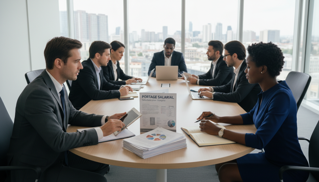 A professional business setting with two individuals discussing portage salarial. In the foreground, a diverse group of professionals—one Caucasian man in a tailored suit, one Black woman in elegant business attire, both engaged in a focused conversation while reviewing documents. In the middle ground, a modern office environment featuring a conference table with laptops, notepads, and informational brochures about support services. The background showcases a bright, airy office with large windows revealing a city skyline, symbolizing opportunity. Soft, natural lighting pours in, creating a warm and inviting atmosphere. The image conveys a sense of collaboration, professionalism, and guidance in navigating employment management solutions. A professional business setting with two individuals discussing portage salarial. In the foreground, a diverse group of professionals—one Caucasian man in a tailored suit, one Black woman in elegant business attire, both engaged in a focused conversation while reviewing documents. In the middle ground, a modern office environment featuring a conference table with laptops, notepads, and informational brochures about support services. The background showcases a bright, airy office with large windows revealing a city skyline, symbolizing opportunity. Soft, natural lighting pours in, creating a warm and inviting atmosphere. The image conveys a sense of collaboration, professionalism, and guidance in navigating employment management solutions.