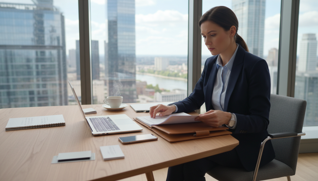 A professional consultant in a modern office environment, sitting at a sleek desk with a laptop open, thoughtfully analyzing documents. The foreground features a close-up of hands typing notes and reviewing a portfolio, showcasing attentiveness to detail. In the middle ground, an organized workspace with a notepad, a coffee cup, and a smartphone, creating an atmosphere of productivity and focus. The background displays large windows with a cityscape view, allowing natural light to flood the room, enhancing the feeling of openness. The mood is contemplative and professional, emphasizing clarity in positioning before seeking missions. The consultant is dressed in smart business attire, projecting confidence and competence. The image is well-lit, using soft, diffused lighting to create an inviting ambiance. A professional consultant in a modern office environment, sitting at a sleek desk with a laptop open, thoughtfully analyzing documents. The foreground features a close-up of hands typing notes and reviewing a portfolio, showcasing attentiveness to detail. In the middle ground, an organized workspace with a notepad, a coffee cup, and a smartphone, creating an atmosphere of productivity and focus. The background displays large windows with a cityscape view, allowing natural light to flood the room, enhancing the feeling of openness. The mood is contemplative and professional, emphasizing clarity in positioning before seeking missions. The consultant is dressed in smart business attire, projecting confidence and competence. The image is well-lit, using soft, diffused lighting to create an inviting ambiance.