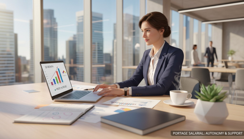 A professional consultant in business attire, sitting at a modern desk, analyzing data on a laptop, with financial graphs and documents scattered around. The foreground features a sleek, open laptop displaying charts representing growth and success. In the middle, a potted plant adds a touch of greenery, and a cup of coffee sits invitingly. The background showcases an urban office setting with large windows allowing natural light to flood in, creating a bright and optimistic atmosphere. Soft shadows add depth to the scene. The overall mood is one of productivity and professionalism, reflecting the advantages of portage salarial for consultants, emphasizing autonomy and support in their career. The image is well-lit, with a focus on warm tones to convey a welcoming environment. A professional consultant in business attire, sitting at a modern desk, analyzing data on a laptop, with financial graphs and documents scattered around. The foreground features a sleek, open laptop displaying charts representing growth and success. In the middle, a potted plant adds a touch of greenery, and a cup of coffee sits invitingly. The background showcases an urban office setting with large windows allowing natural light to flood in, creating a bright and optimistic atmosphere. Soft shadows add depth to the scene. The overall mood is one of productivity and professionalism, reflecting the advantages of portage salarial for consultants, emphasizing autonomy and support in their career. The image is well-lit, with a focus on warm tones to convey a welcoming environment.
