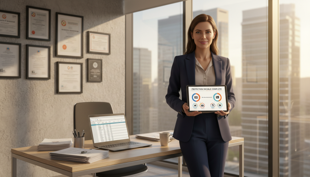 A professional consultant in business attire, standing confidently at a modern office desk filled with documents and a laptop, embodies the theme of "protection sociale complète." In the foreground, the consultant holds a tablet displaying graphical representations of social protection benefits. In the middle, a wall showcases framed certificates and accolades, symbolizing professional achievements and security. The background features large windows with a view of a city skyline, bathed in warm, natural light, creating an inviting atmosphere. Use a slight upward camera angle to emphasize the consultant's stature and professionalism, conveying a sense of empowerment and reliability. The overall mood is optimistic and focused on security and support. A professional consultant in business attire, standing confidently at a modern office desk filled with documents and a laptop, embodies the theme of "protection sociale complète." In the foreground, the consultant holds a tablet displaying graphical representations of social protection benefits. In the middle, a wall showcases framed certificates and accolades, symbolizing professional achievements and security. The background features large windows with a view of a city skyline, bathed in warm, natural light, creating an inviting atmosphere. Use a slight upward camera angle to emphasize the consultant's stature and professionalism, conveying a sense of empowerment and reliability. The overall mood is optimistic and focused on security and support.