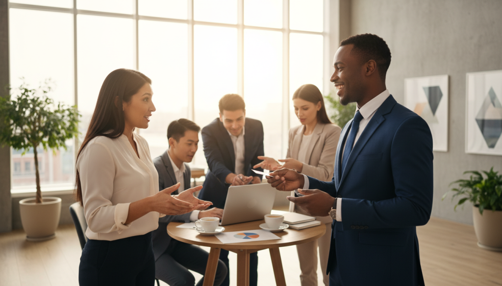 A professional networking scene in a modern office environment, focused on a diverse group of individuals engaged in collaborative discussions. In the foreground, two well-dressed professionals, a man in a tailored suit and a woman in a smart blouse, are actively exchanging business cards and ideas with enthusiasm. The middle ground features a small round table with a laptop and coffee cups, symbolizing a productive brainstorming session. The background shows large windows with natural light flooding the space, illuminating potted plants and contemporary artwork on the walls. The overall atmosphere is dynamic and inspiring, capturing the essence of goal-setting and professional connection, with a soft focus and warm lighting that enhances a welcoming mood. A professional networking scene in a modern office environment, focused on a diverse group of individuals engaged in collaborative discussions. In the foreground, two well-dressed professionals, a man in a tailored suit and a woman in a smart blouse, are actively exchanging business cards and ideas with enthusiasm. The middle ground features a small round table with a laptop and coffee cups, symbolizing a productive brainstorming session. The background shows large windows with natural light flooding the space, illuminating potted plants and contemporary artwork on the walls. The overall atmosphere is dynamic and inspiring, capturing the essence of goal-setting and professional connection, with a soft focus and warm lighting that enhances a welcoming mood.