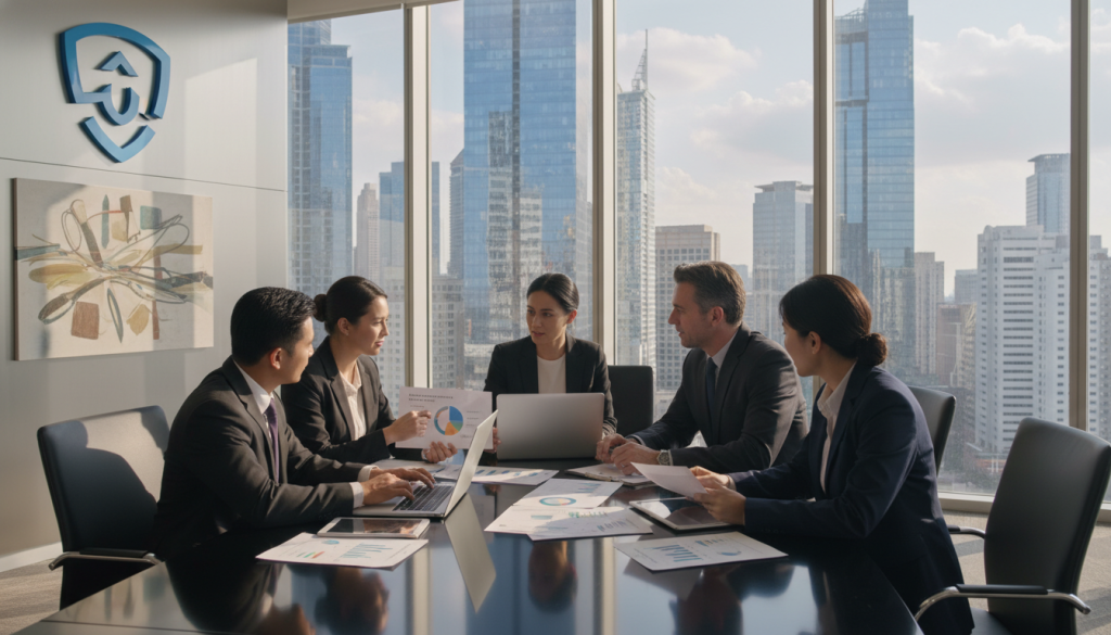 A professional office environment showcasing the concept of personal asset security related to different employment statuses. In the foreground, a diverse group of business professionals in smart attire are engaged in a discussion around a large, sleek conference table filled with important documents, laptops, and financial charts. In the middle, a glass window displays a cityscape with tall buildings, signifying growth and opportunity. The background features a modern corporate logo and artwork representing stability and trust. Natural sunlight streams in, creating a warm and inviting atmosphere, while soft shadows enhance the professionalism of the scene. The image should convey a sense of security, collaboration, and the importance of safeguarding one's financial resources. A professional office environment showcasing the concept of personal asset security related to different employment statuses. In the foreground, a diverse group of business professionals in smart attire are engaged in a discussion around a large, sleek conference table filled with important documents, laptops, and financial charts. In the middle, a glass window displays a cityscape with tall buildings, signifying growth and opportunity. The background features a modern corporate logo and artwork representing stability and trust. Natural sunlight streams in, creating a warm and inviting atmosphere, while soft shadows enhance the professionalism of the scene. The image should convey a sense of security, collaboration, and the importance of safeguarding one's financial resources.