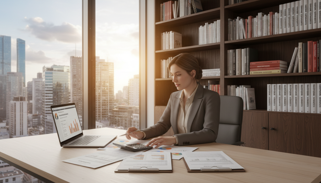 A professional office setting focused on fiscal management for independent contractors. In the foreground, a businesswoman dressed in professional attire is analyzing financial documents spread across a modern desk, with a laptop open and a calculator in her hand. In the middle ground, a well-organized bookshelf filled with finance books and tax guides adds context. The background features a large window allowing soft, natural light to enter, casting a warm glow over the scene, with a city skyline visible outside, symbolizing opportunity. The atmosphere is one of concentration and professionalism, capturing the essential role of portage salarial companies in fiscal management. The angle is slightly above eye level, highlighting both the subject and the surrounding environment, creating an engaging composition. A professional office setting focused on fiscal management for independent contractors. In the foreground, a businesswoman dressed in professional attire is analyzing financial documents spread across a modern desk, with a laptop open and a calculator in her hand. In the middle ground, a well-organized bookshelf filled with finance books and tax guides adds context. The background features a large window allowing soft, natural light to enter, casting a warm glow over the scene, with a city skyline visible outside, symbolizing opportunity. The atmosphere is one of concentration and professionalism, capturing the essential role of portage salarial companies in fiscal management. The angle is slightly above eye level, highlighting both the subject and the surrounding environment, creating an engaging composition.
