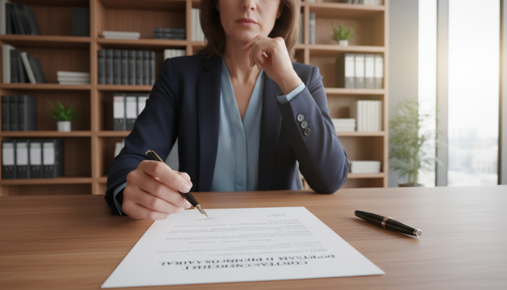 A professional scene depicting a "contrat commercial de prestation de portage salarial" on a polished wooden desk. The foreground features a close-up of the contract document, clearly detailed with elegant typography and signature lines. In the middle, a well-dressed businessperson, a middle-aged Caucasian woman in formal attire, reviews the contract with a pen in hand, deep in thought. In the background, a modern office environment features shelves with legal books, plants, and soft natural light streaming through large windows, creating an inspiring and professional atmosphere. The lighting is warm and inviting, with a slight lens flare effect to enhance the mood of optimism and professionalism. The overall composition should evoke a sense of clarity and focus on the importance of contractual obligations in portage salarial. A professional scene depicting a "contrat commercial de prestation de portage salarial" on a polished wooden desk. The foreground features a close-up of the contract document, clearly detailed with elegant typography and signature lines. In the middle, a well-dressed businessperson, a middle-aged Caucasian woman in formal attire, reviews the contract with a pen in hand, deep in thought. In the background, a modern office environment features shelves with legal books, plants, and soft natural light streaming through large windows, creating an inspiring and professional atmosphere. The lighting is warm and inviting, with a slight lens flare effect to enhance the mood of optimism and professionalism. The overall composition should evoke a sense of clarity and focus on the importance of contractual obligations in portage salarial.