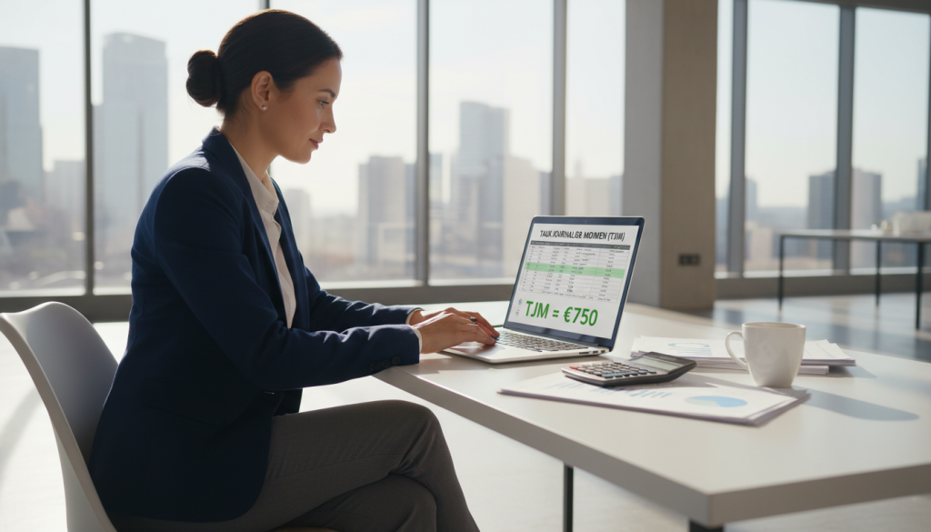 A professional setting depicting a confident business person sitting at a sleek desk, calculating their Taux Journalier Moyen (TJM) on a laptop. The foreground features the individual, dressed in smart business attire, focused on the screen displaying a clear financial spreadsheet with graphs and calculations. In the middle, there are financial documents, a calculator, and a cup of coffee, symbolizing a productive work environment. The background shows a modern office with large windows allowing natural light to illuminate the space, creating an inviting atmosphere. Soft shadows enhance the mood of concentration and professionalism. The overall color scheme is warm and inviting, evoking a sense of clarity and success. A professional setting depicting a confident business person sitting at a sleek desk, calculating their Taux Journalier Moyen (TJM) on a laptop. The foreground features the individual, dressed in smart business attire, focused on the screen displaying a clear financial spreadsheet with graphs and calculations. In the middle, there are financial documents, a calculator, and a cup of coffee, symbolizing a productive work environment. The background shows a modern office with large windows allowing natural light to illuminate the space, creating an inviting atmosphere. Soft shadows enhance the mood of concentration and professionalism. The overall color scheme is warm and inviting, evoking a sense of clarity and success.