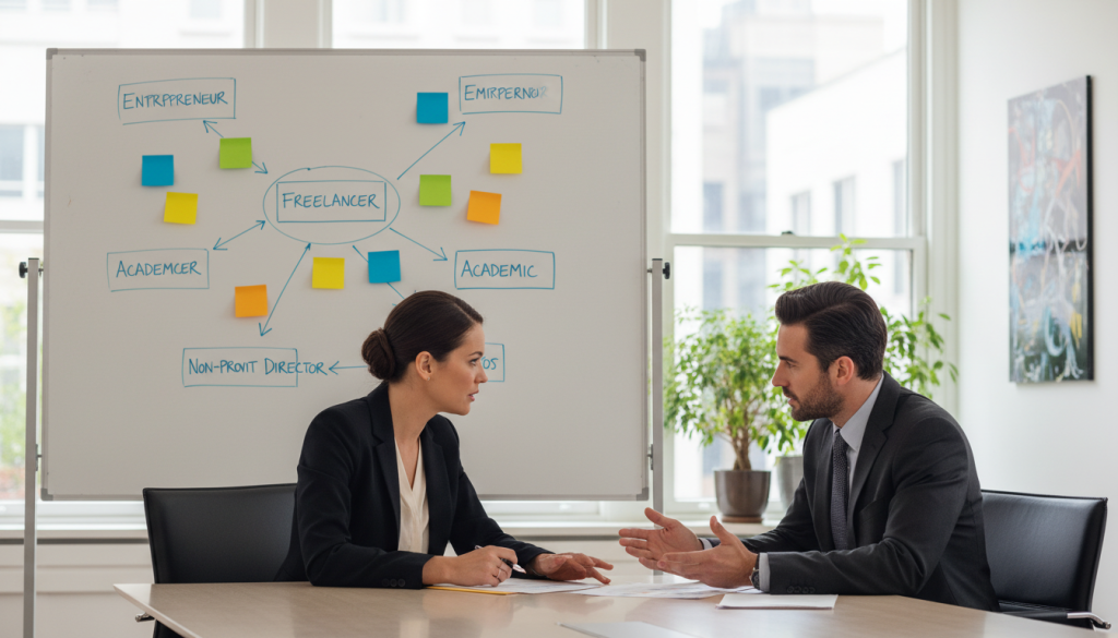 A professional setting depicting a diverse group of individuals engaged in a collaborative discussion about career choices and professional statuses. In the foreground, two people, a woman and a man, are seated at a modern conference table, reviewing documents and sharing ideas, both dressed in smart business attire. In the middle ground, a large whiteboard displays various professional status options labeled clearly, with colorful sticky notes and diagrams illustrating different pathways. The background features large windows with soft, natural light pouring in, creating a warm atmosphere that encourages communication and thoughtfulness. The overall mood is one of empowerment and clarity, inviting viewers to consider their own professional choices. A professional setting depicting a diverse group of individuals engaged in a collaborative discussion about career choices and professional statuses. In the foreground, two people, a woman and a man, are seated at a modern conference table, reviewing documents and sharing ideas, both dressed in smart business attire. In the middle ground, a large whiteboard displays various professional status options labeled clearly, with colorful sticky notes and diagrams illustrating different pathways. The background features large windows with soft, natural light pouring in, creating a warm atmosphere that encourages communication and thoughtfulness. The overall mood is one of empowerment and clarity, inviting viewers to consider their own professional choices.