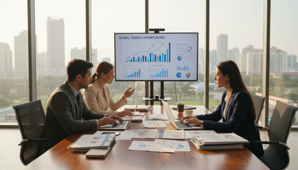 A professional setting depicting a modern office environment focused on job tenders. In the foreground, a diverse group of three business professionals, a man and two women, are gathered around a polished wooden table with laptops open and documents spread out, dressed in formal business attire. The middle ground features a large digital screen displaying a colorful graph representing bidding opportunities. The background showcases a large window with natural daylight streaming in, illuminating the space with a warm, inviting glow. The atmosphere is dynamic and collaborative, highlighting a sense of urgency and focus in pursuing job opportunities. The camera angle is slightly elevated, capturing both the professionals' engagement and the screen's content, ensuring a clear, inviting view of the collaborative effort in job tendering. A professional setting depicting a modern office environment focused on job tenders. In the foreground, a diverse group of three business professionals, a man and two women, are gathered around a polished wooden table with laptops open and documents spread out, dressed in formal business attire. The middle ground features a large digital screen displaying a colorful graph representing bidding opportunities. The background showcases a large window with natural daylight streaming in, illuminating the space with a warm, inviting glow. The atmosphere is dynamic and collaborative, highlighting a sense of urgency and focus in pursuing job opportunities. The camera angle is slightly elevated, capturing both the professionals' engagement and the screen's content, ensuring a clear, inviting view of the collaborative effort in job tendering.