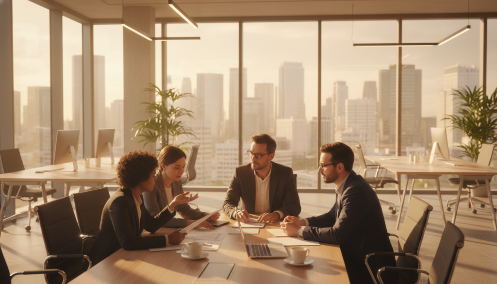 A professional setting depicting the concept of "prévoyance en portage salarial." In the foreground, a diverse group of professionals in business attire, including a woman with short curly hair and a man with glasses, discussing documents at a conference table. In the middle ground, a modern office environment with large windows letting in soft, natural light, symbolizing transparency and security. The background features a city skyline, representing a bustling economy and opportunities. The atmosphere is focused and collaborative, highlighting trust and support in professional relationships. Use a warm color palette to convey a sense of security and optimism, shot from a slightly elevated angle to encompass the interaction and workspace effectively. A professional setting depicting the concept of "prévoyance en portage salarial." In the foreground, a diverse group of professionals in business attire, including a woman with short curly hair and a man with glasses, discussing documents at a conference table. In the middle ground, a modern office environment with large windows letting in soft, natural light, symbolizing transparency and security. The background features a city skyline, representing a bustling economy and opportunities. The atmosphere is focused and collaborative, highlighting trust and support in professional relationships. Use a warm color palette to convey a sense of security and optimism, shot from a slightly elevated angle to encompass the interaction and workspace effectively.