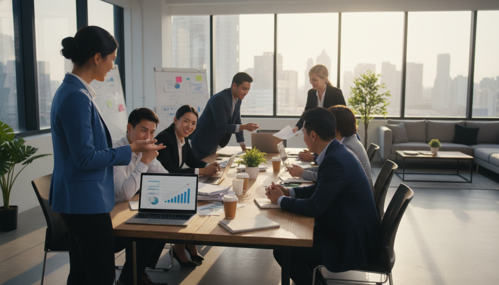 A professional setting illustrating "portage salarial," featuring a diverse group of individuals engaged in a dynamic business meeting. In the foreground, a confident woman in professional attire is gesturing while presenting on a laptop, surrounded by attentive colleagues of various ethnicities. In the middle, a conference table cluttered with documents, laptops, and coffee cups, shows collaboration and discussion. The background reveals an airy office space with large windows allowing natural light to flood in, casting soft shadows. The mood is focused and optimistic, conveying a sense of growth and opportunity. Use a wide-angle lens to capture the entire scene, enhancing the feeling of inclusivity and teamwork. Soft, warm lighting adds to the inviting atmosphere. A professional setting illustrating "portage salarial," featuring a diverse group of individuals engaged in a dynamic business meeting. In the foreground, a confident woman in professional attire is gesturing while presenting on a laptop, surrounded by attentive colleagues of various ethnicities. In the middle, a conference table cluttered with documents, laptops, and coffee cups, shows collaboration and discussion. The background reveals an airy office space with large windows allowing natural light to flood in, casting soft shadows. The mood is focused and optimistic, conveying a sense of growth and opportunity. Use a wide-angle lens to capture the entire scene, enhancing the feeling of inclusivity and teamwork. Soft, warm lighting adds to the inviting atmosphere.