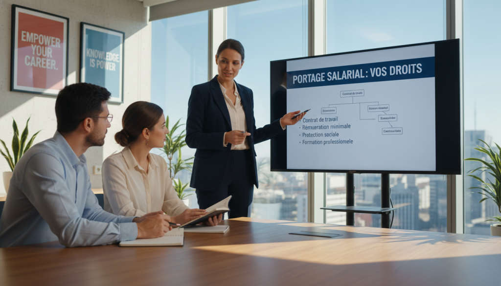 A professional training session focused on employee rights in the context of portage salarial, featuring a diverse group of three individuals in a modern office setting. In the foreground, a confident woman in business attire is actively presenting information on a digital screen. The middle ground shows two attentive colleagues, a man and a woman, engaged in discussion while taking notes. The background consists of bright, well-lit office elements such as a large window with natural light streaming in, and motivational posters on the walls. The atmosphere is collaborative and focused, reflecting a sense of empowerment and professionalism. The image should have a sharp focus and warm colors to evoke a positive and informative mood. A professional training session focused on employee rights in the context of portage salarial, featuring a diverse group of three individuals in a modern office setting. In the foreground, a confident woman in business attire is actively presenting information on a digital screen. The middle ground shows two attentive colleagues, a man and a woman, engaged in discussion while taking notes. The background consists of bright, well-lit office elements such as a large window with natural light streaming in, and motivational posters on the walls. The atmosphere is collaborative and focused, reflecting a sense of empowerment and professionalism. The image should have a sharp focus and warm colors to evoke a positive and informative mood.