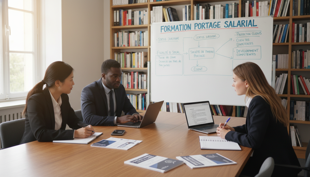 A professional training setting that illustrates "formation portage salarial." In the foreground, a diverse group of three individuals, a woman of Asian descent, a Black man, and a Caucasian woman, are engaged in a focused discussion around a table covered with laptops, notebooks, and educational materials, all dressed in smart business attire. In the middle ground, a large whiteboard filled with charts and diagrams related to professional education and skill-building for freelancers is visible. The background features shelves lined with books on career development and legal documentation, with soft, natural lighting coming from a large window that creates an inviting atmosphere. The overall mood is collaborative and serious, reflecting the importance of continuous training in the context of portage salarial. A professional training setting that illustrates "formation portage salarial." In the foreground, a diverse group of three individuals, a woman of Asian descent, a Black man, and a Caucasian woman, are engaged in a focused discussion around a table covered with laptops, notebooks, and educational materials, all dressed in smart business attire. In the middle ground, a large whiteboard filled with charts and diagrams related to professional education and skill-building for freelancers is visible. The background features shelves lined with books on career development and legal documentation, with soft, natural lighting coming from a large window that creates an inviting atmosphere. The overall mood is collaborative and serious, reflecting the importance of continuous training in the context of portage salarial.