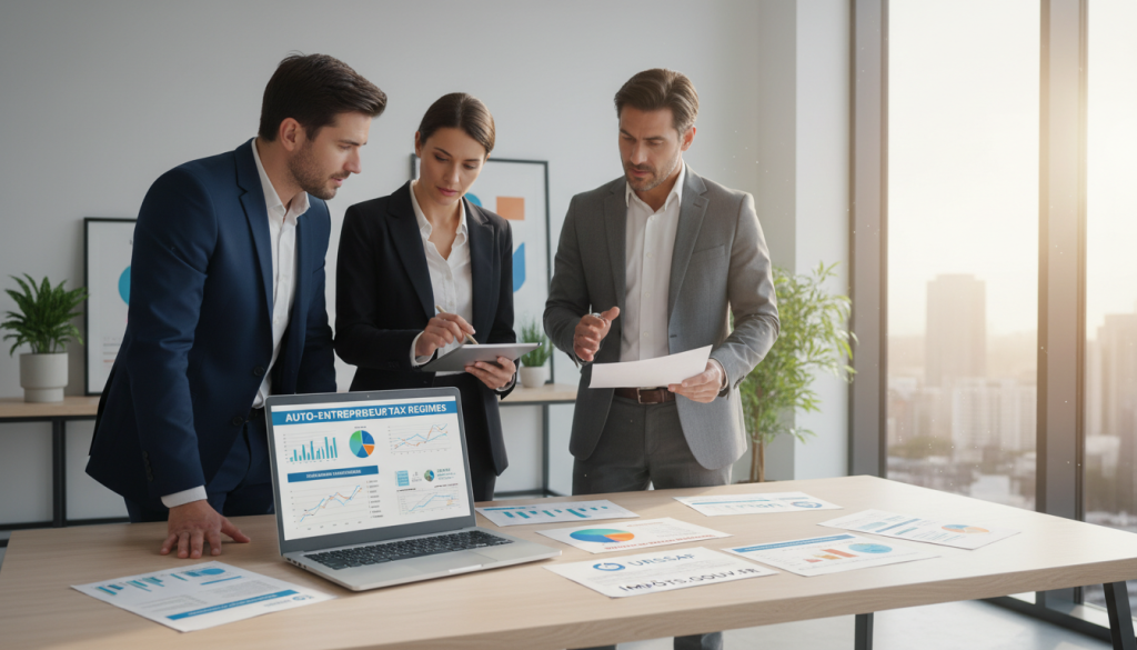 A professional workspace featuring a modern desk with a laptop displaying financial graphs and charts related to "auto-entrepreneur" tax regimes. In the foreground, a diverse group of three individuals dressed in smart business attire is engaged in a discussion, examining documents and a tablet. The middle of the scene showcases colorful infographics and tax forms spread out on the desk. The background includes a bright, minimalist office setting with a large window allowing natural light to fill the space, creating an uplifting atmosphere. Use soft, warm lighting to enhance the inviting mood, and capture the scene from a slightly elevated angle to give a comprehensive view of the workspace and interaction. A professional workspace featuring a modern desk with a laptop displaying financial graphs and charts related to "auto-entrepreneur" tax regimes. In the foreground, a diverse group of three individuals dressed in smart business attire is engaged in a discussion, examining documents and a tablet. The middle of the scene showcases colorful infographics and tax forms spread out on the desk. The background includes a bright, minimalist office setting with a large window allowing natural light to fill the space, creating an uplifting atmosphere. Use soft, warm lighting to enhance the inviting mood, and capture the scene from a slightly elevated angle to give a comprehensive view of the workspace and interaction.