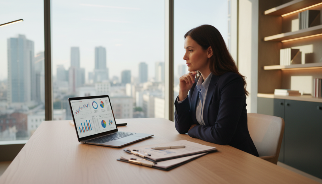 A professional workspace focused on optimizing earnings in the context of salary portage. In the foreground, a sleek, modern desk with a laptop open displaying financial graphs and calculations. To the side, documents and a pen are neatly arranged, symbolizing careful planning. In the middle ground, a business professional dressed in smart attire, looking thoughtful while analyzing the data on the screen. The background features large windows letting in soft, natural light, emphasizing a bright, optimistic atmosphere. The lighting is warm, creating a welcoming and productive vibe. The scene captures a moment of focus and determination as the individual works to enhance their financial well-being. The angle is slightly elevated, providing a comprehensive view of the setup while maintaining a professional tone. A professional workspace focused on optimizing earnings in the context of salary portage. In the foreground, a sleek, modern desk with a laptop open displaying financial graphs and calculations. To the side, documents and a pen are neatly arranged, symbolizing careful planning. In the middle ground, a business professional dressed in smart attire, looking thoughtful while analyzing the data on the screen. The background features large windows letting in soft, natural light, emphasizing a bright, optimistic atmosphere. The lighting is warm, creating a welcoming and productive vibe. The scene captures a moment of focus and determination as the individual works to enhance their financial well-being. The angle is slightly elevated, providing a comprehensive view of the setup while maintaining a professional tone.
