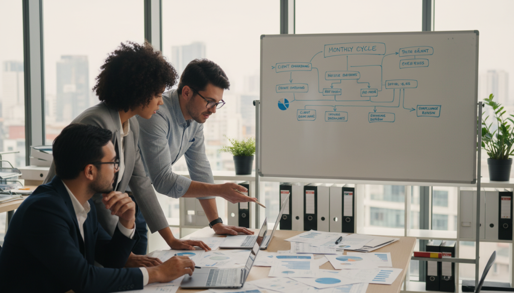 A professional workspace showcasing the monthly management of a portage salarial activity. In the foreground, a diverse group of three professionals, a woman and two men, are engaged in a focused discussion over laptops and financial documents on a clutter-free desk. They are dressed in smart business attire, exuding a sense of collaboration and productivity. The middle ground features a whiteboard filled with flowcharts and important deadlines, symbolizing planning and organization. The background displays a modern office with large windows allowing natural light to illuminate the space, creating a warm and inspiring atmosphere. The angle is slightly elevated, capturing the energy of teamwork while emphasizing an air of professionalism and efficiency. A professional workspace showcasing the monthly management of a portage salarial activity. In the foreground, a diverse group of three professionals, a woman and two men, are engaged in a focused discussion over laptops and financial documents on a clutter-free desk. They are dressed in smart business attire, exuding a sense of collaboration and productivity. The middle ground features a whiteboard filled with flowcharts and important deadlines, symbolizing planning and organization. The background displays a modern office with large windows allowing natural light to illuminate the space, creating a warm and inspiring atmosphere. The angle is slightly elevated, capturing the energy of teamwork while emphasizing an air of professionalism and efficiency.