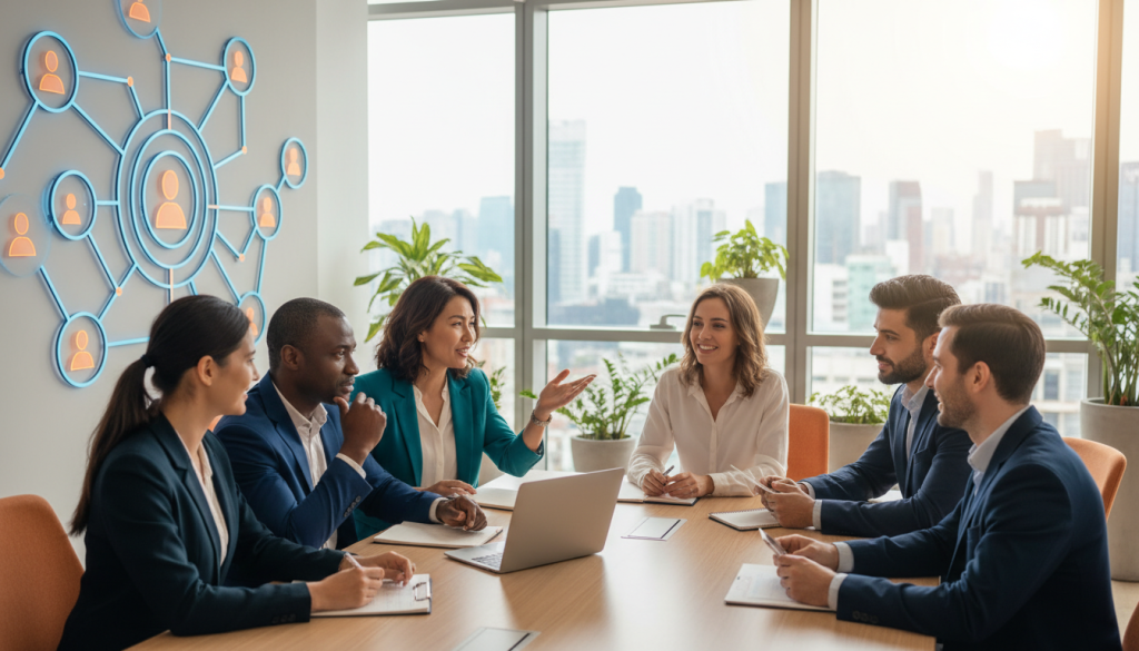 A vibrant and engaging office setting that visually represents "portage salarial." In the foreground, a diverse group of professional consultants in business attire engage in a collaborative discussion, showcasing teamwork and support. One consultant, a mid-30s woman of Asian descent, gestures enthusiastically, while a middle-aged Black man listens intently, laptop open in front of him. In the middle ground, a large wall displays a network of interconnected lines symbolizing professional connections and community. The background features a large window allowing natural light to flood the room, illuminating subtle details like indoor plants and modern furniture. The atmosphere is warm and encouraging, emphasizing connection, support, and the breaking of isolation. The image should convey a feeling of professionalism and camaraderie among consultants. A vibrant and engaging office setting that visually represents "portage salarial." In the foreground, a diverse group of professional consultants in business attire engage in a collaborative discussion, showcasing teamwork and support. One consultant, a mid-30s woman of Asian descent, gestures enthusiastically, while a middle-aged Black man listens intently, laptop open in front of him. In the middle ground, a large wall displays a network of interconnected lines symbolizing professional connections and community. The background features a large window allowing natural light to flood the room, illuminating subtle details like indoor plants and modern furniture. The atmosphere is warm and encouraging, emphasizing connection, support, and the breaking of isolation. The image should convey a feeling of professionalism and camaraderie among consultants.