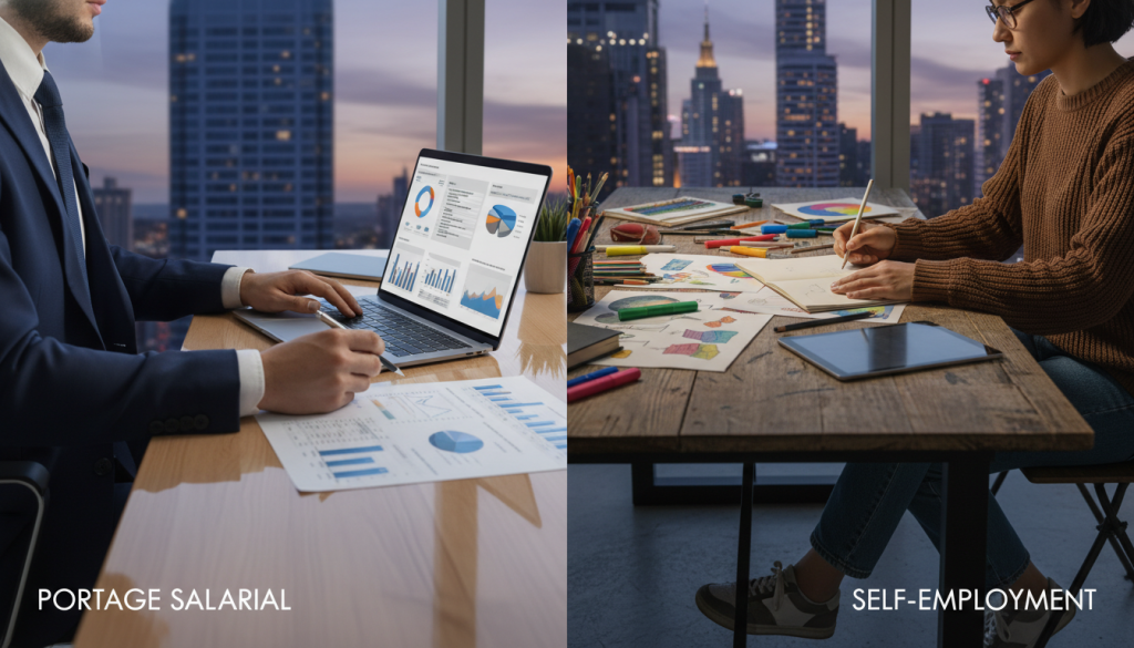 A visually engaging comparison of different independent work statuses, featuring a split scene. On the left, a professional dressed in business attire analyzes financial documents with a modern laptop on a sleek desk, symbolizing portage salarial. On the right, an independent freelancer in smart casual clothing sketches ideas on a notepad amidst creative tools, representing traditional self-employment. The foreground shows their hands actively engaging with the materials, while the middle ground reveals a balanced contrast between the organized workspace and the more eclectic freelance environment. In the background, a city skyline at dusk casts a warm golden light, adding a professional atmosphere. The composition emphasizes clarity and professionalism, capturing the essence of independent work and its various forms. A visually engaging comparison of different independent work statuses, featuring a split scene. On the left, a professional dressed in business attire analyzes financial documents with a modern laptop on a sleek desk, symbolizing portage salarial. On the right, an independent freelancer in smart casual clothing sketches ideas on a notepad amidst creative tools, representing traditional self-employment. The foreground shows their hands actively engaging with the materials, while the middle ground reveals a balanced contrast between the organized workspace and the more eclectic freelance environment. In the background, a city skyline at dusk casts a warm golden light, adding a professional atmosphere. The composition emphasizes clarity and professionalism, capturing the essence of independent work and its various forms.