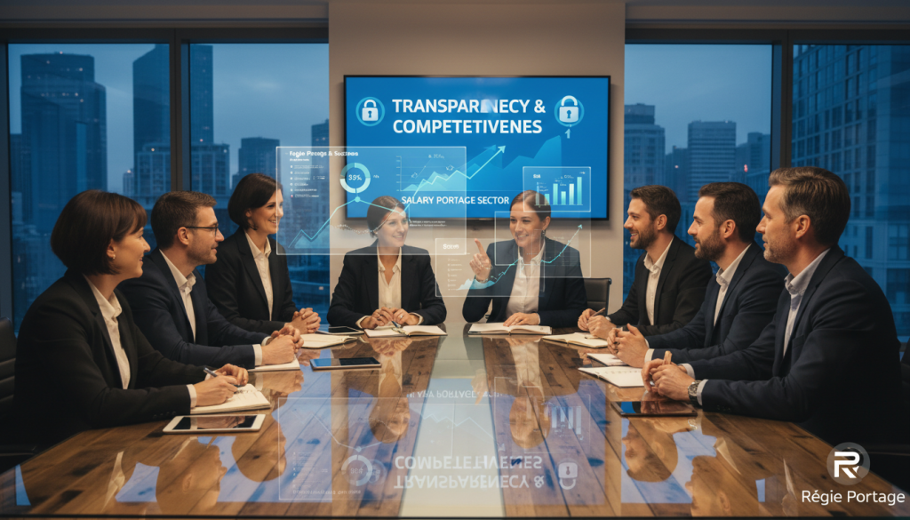 Créez une image représentant la transparence et la compétitivité de Régie Portage dans le domaine du portage salarial. Créez une image représentant la transparence et la compétitivité de Régie Portage dans le domaine du portage salarial.