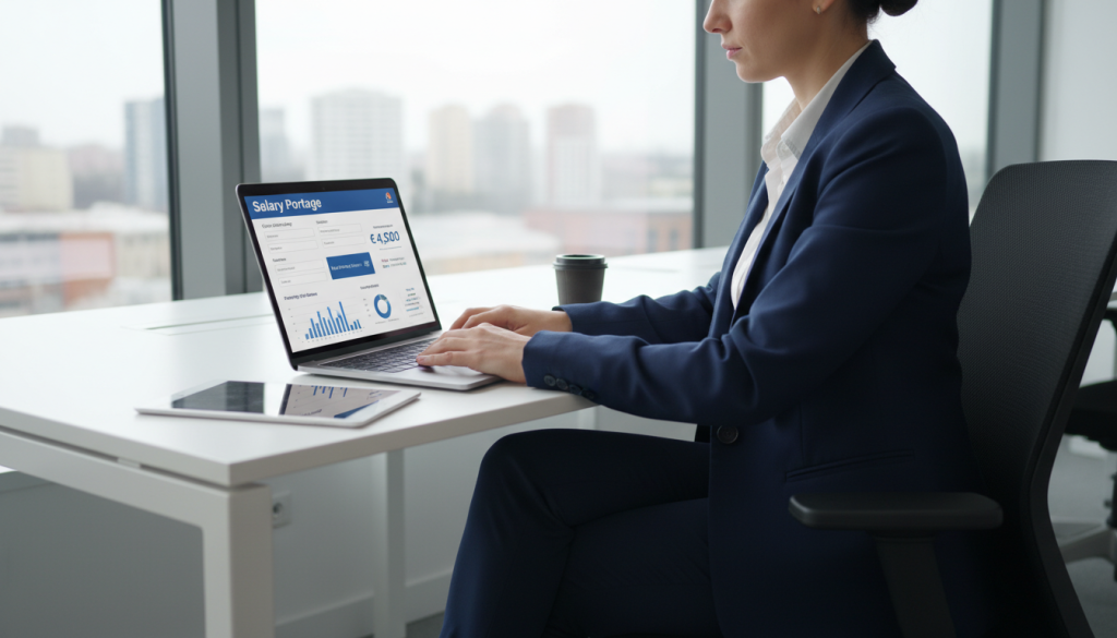 Générez une image d'un professionnel utilisant un ordinateur avec un simulateur de portage salarial à l'écran Générez une image d'un professionnel utilisant un ordinateur avec un simulateur de portage salarial à l'écran