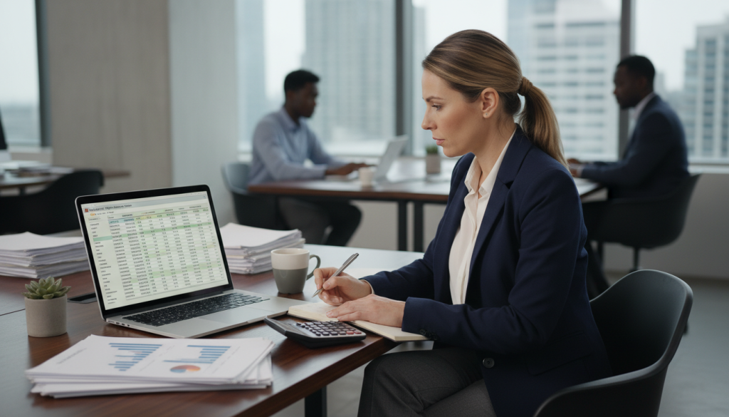 Générez une image représentant un consultant calculant son TJM Générez une image représentant un consultant calculant son TJM