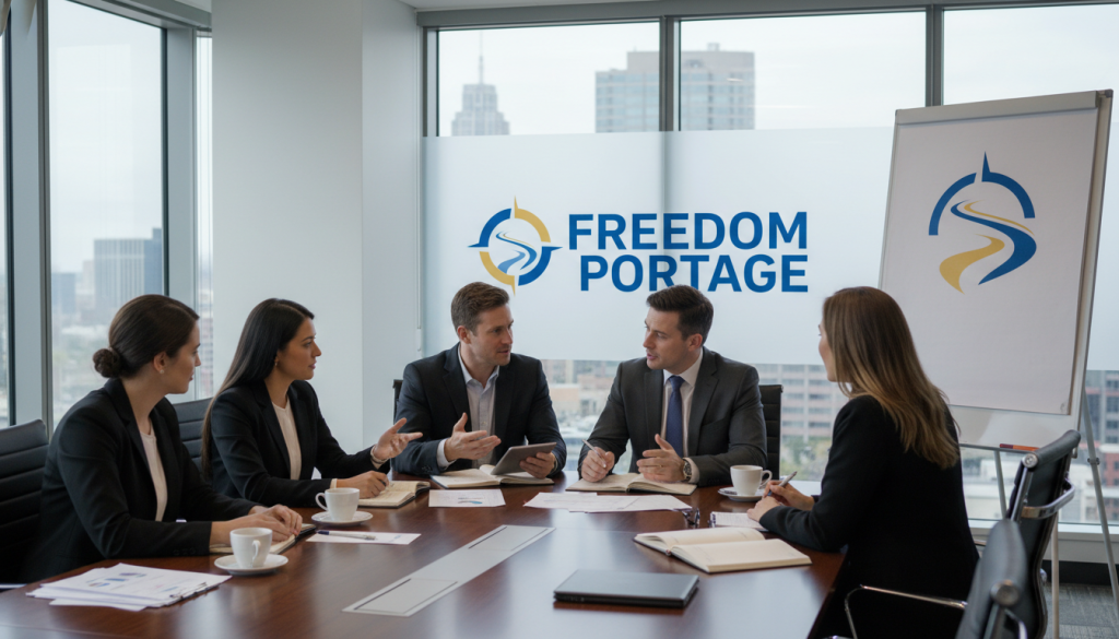 Image de consultants travaillant ensemble avec un logo Freedom Portage Image de consultants travaillant ensemble avec un logo Freedom Portage