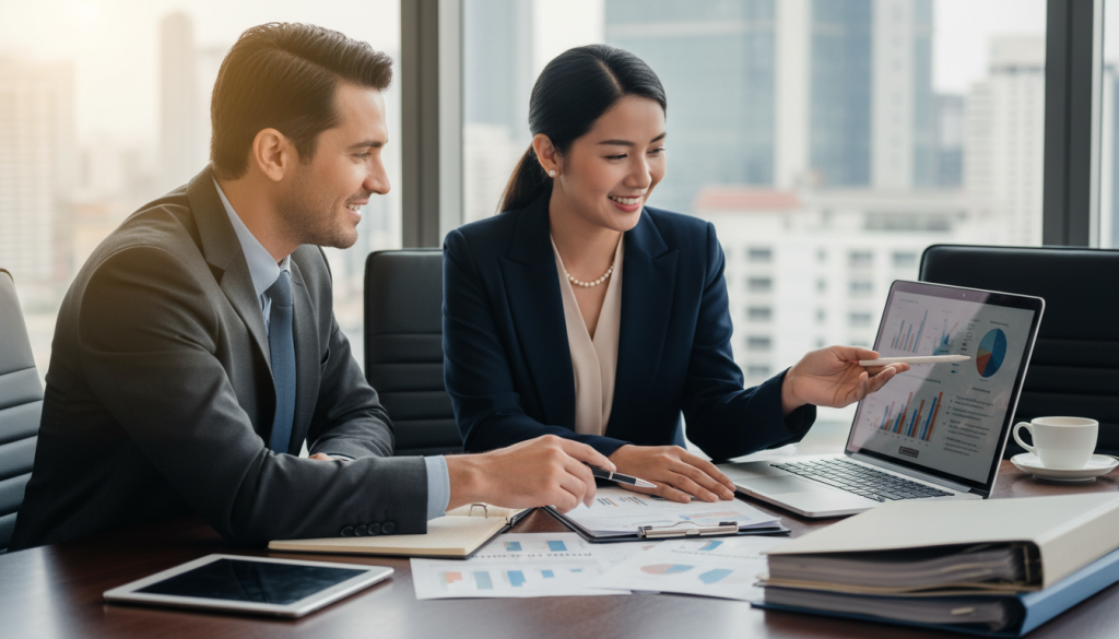 Image generation prompt: A professional in a meeting with a banker, discussing financing options. Image generation prompt: A professional in a meeting with a banker, discussing financing options.