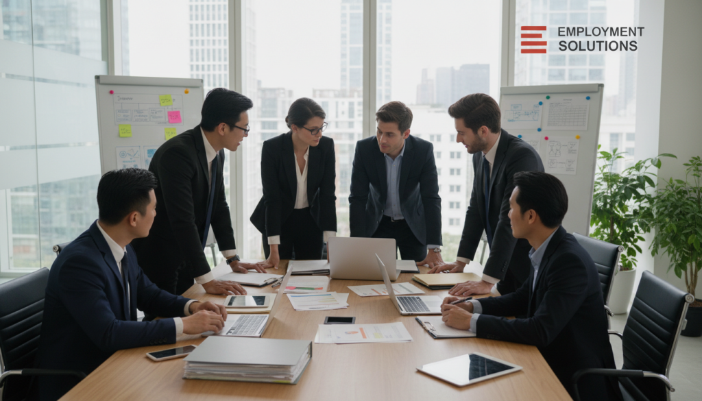 Image generation prompt: Une entreprise de portage salarial avec des professionnels travaillant ensemble Image generation prompt: Une entreprise de portage salarial avec des professionnels travaillant ensemble