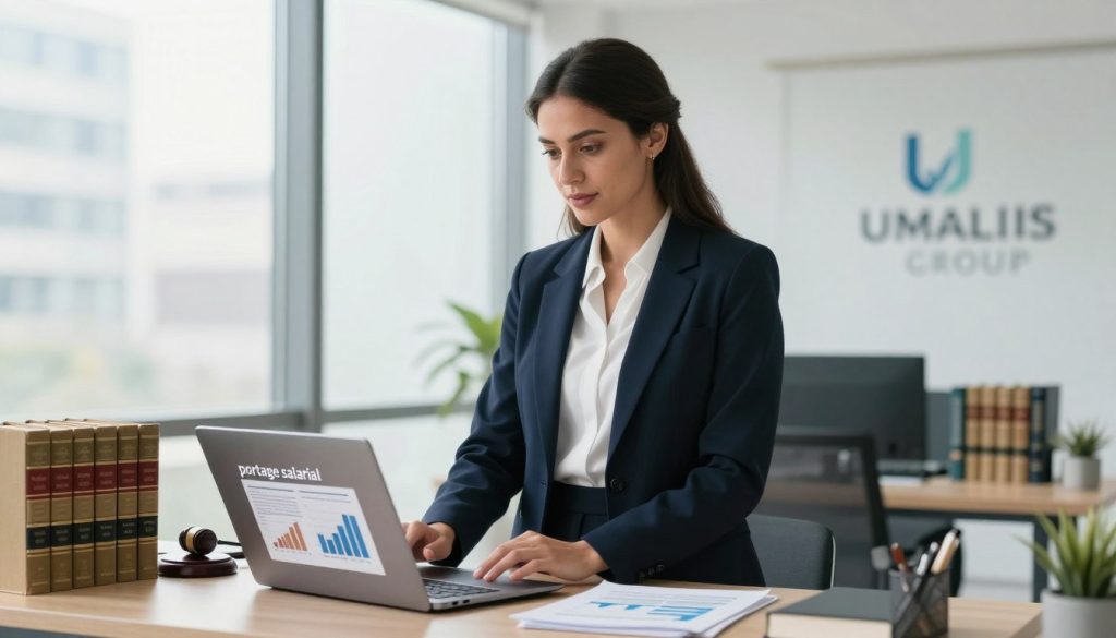 A confident lawyer standing in a bright, modern office environment, surrounded by law books and professional documents, symbolizing the concept of "portage salarial". The lawyer, a woman in professional business attire, is engaging with a laptop, displaying charts and financial data, reflecting the advantages of flexible employment. In the background, large windows let in soft, natural light, creating an inviting atmosphere. A subtle logo of "UMALIS GROUP" is present on a desk. The scene conveys professionalism and empowerment, showcasing the modern legal industry. The composition is well-balanced, with a focus on the subject, using a slightly elevated angle to emphasize the workspace, suggesting growth and opportunity in the legal profession. A confident lawyer standing in a bright, modern office environment, surrounded by law books and professional documents, symbolizing the concept of "portage salarial". The lawyer, a woman in professional business attire, is engaging with a laptop, displaying charts and financial data, reflecting the advantages of flexible employment. In the background, large windows let in soft, natural light, creating an inviting atmosphere. A subtle logo of "UMALIS GROUP" is present on a desk. The scene conveys professionalism and empowerment, showcasing the modern legal industry. The composition is well-balanced, with a focus on the subject, using a slightly elevated angle to emphasize the workspace, suggesting growth and opportunity in the legal profession.