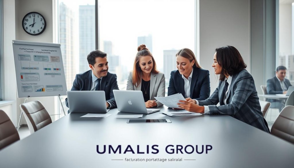 A modern office environment showcasing a professional interaction between a consultant and a client discussing "facturation portage salarial". In the foreground, a diverse group of three individuals—one consultant in a smart business suit and two clients in professional attire—are seated around a sleek conference table, analyzing financial documents and a laptop. The middle ground features a whiteboard with flow charts about payment processes, while a large window in the background reveals a bustling cityscape, suggesting an active business atmosphere. Soft, natural lighting filters through the glass, creating an inviting ambiance. A wall clock indicates passing time, symbolizing the importance of timely payments and remuneration. The brand name "UMALIS GROUP" is subtly integrated into the design of the conference table, reinforcing professionalism and financial trust. A modern office environment showcasing a professional interaction between a consultant and a client discussing "facturation portage salarial". In the foreground, a diverse group of three individuals—one consultant in a smart business suit and two clients in professional attire—are seated around a sleek conference table, analyzing financial documents and a laptop. The middle ground features a whiteboard with flow charts about payment processes, while a large window in the background reveals a bustling cityscape, suggesting an active business atmosphere. Soft, natural lighting filters through the glass, creating an inviting ambiance. A wall clock indicates passing time, symbolizing the importance of timely payments and remuneration. The brand name "UMALIS GROUP" is subtly integrated into the design of the conference table, reinforcing professionalism and financial trust.